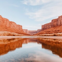 A calm river reflecting the red rock cliffs of a desert canyon.