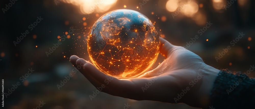 Poster artistic depiction of a hand holding a digital globe, illuminated with glowing connections and data 