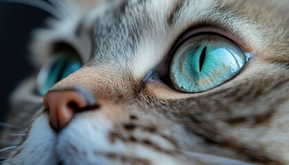 Close-up of a gray cat with striking green eyes gazing intently at its surroundings