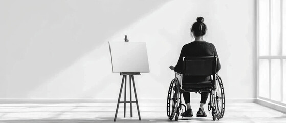 A person in a wheelchair sits in front of an empty canvas, symbolizing creativity and inspiration in a minimalist and serene space.