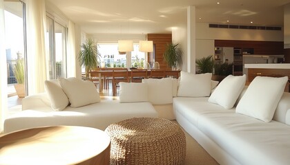 Bright and airy living room with modern furnishings and cleaning services in progress