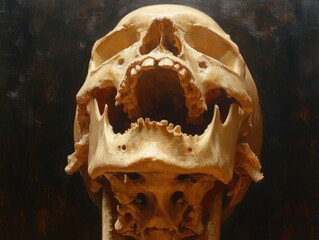 Dramatic human skull painting with dark background and open jaw