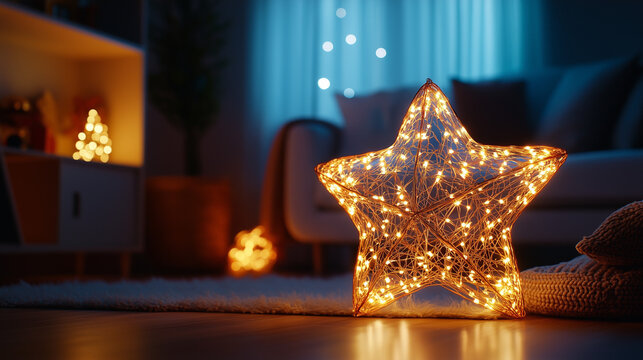 Large star-shaped ornament with fairy lights woven around it, softly glowing in a dark room, background featuring subtle holiday decor for a warm and festive feel