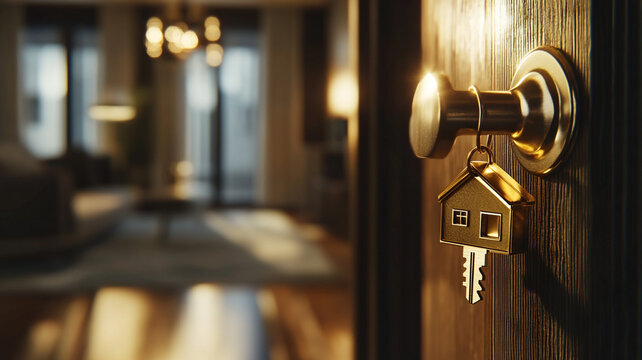 house keys with a keychain in the shape of a small golden home on a door handle at a modern apartment interior background