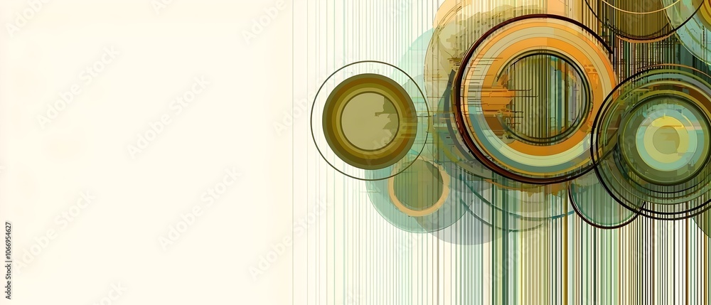 Poster abstract geometric design featuring circles in earthy tones of green and orange, with dynamic linear