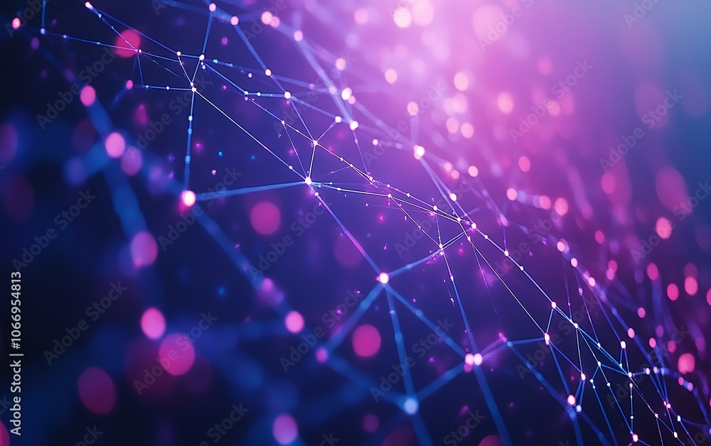 Poster dynamic visualization of a vibrant network of interconnected nodes and lines on a blue and purple ba