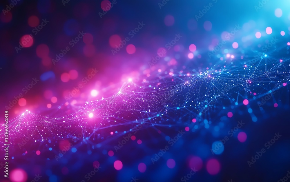 Aufkleber dynamic visualization of a vibrant network of interconnected nodes and lines on a blue and purple ba