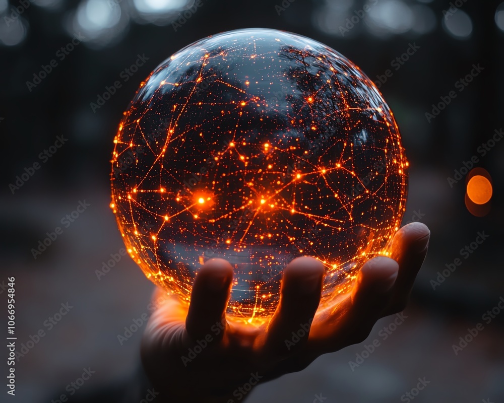 Poster hand holding a glowing digital globe with vibrant connections and data points, capturing the essence