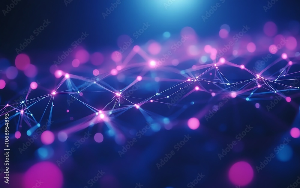 Poster dynamic visualization of a vibrant network of interconnected nodes and lines on a blue and purple ba