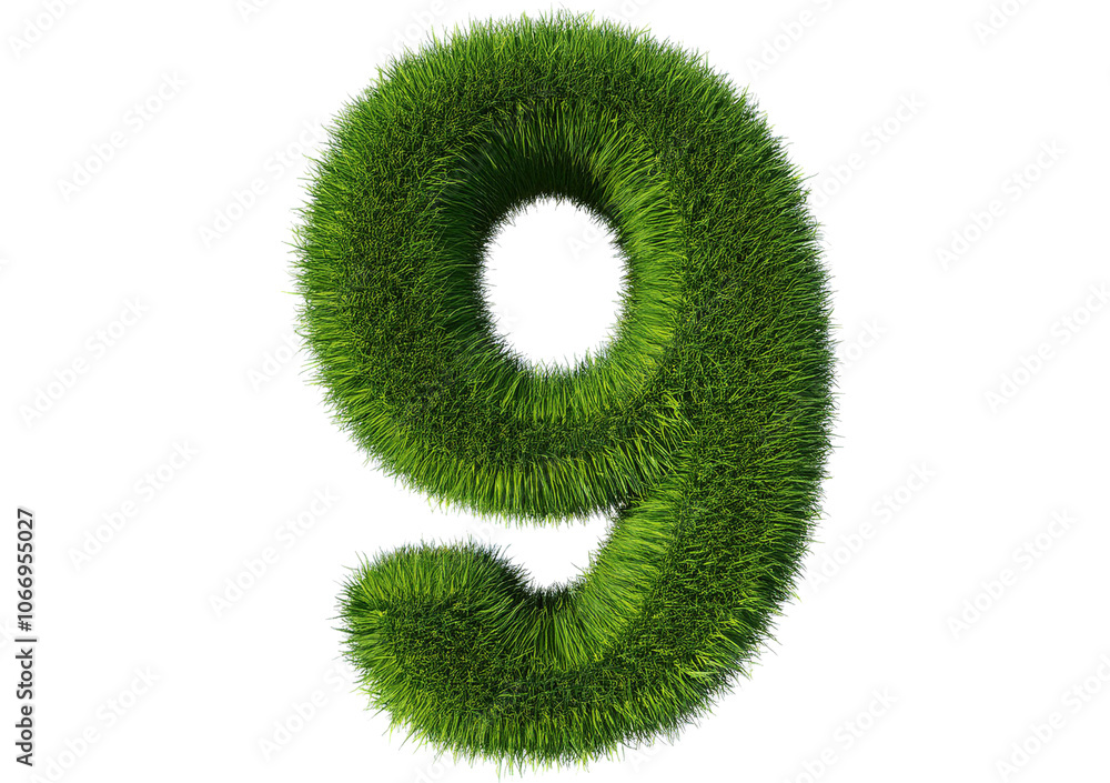 Poster grass font 3d rendering number 9 isolated on a transparent or white background