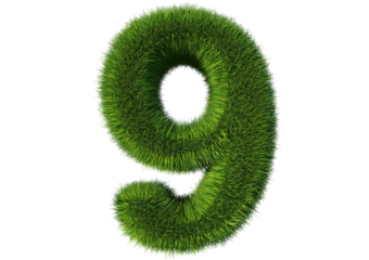 Grass font 3d rendering number 9 isolated on a transparent or white background