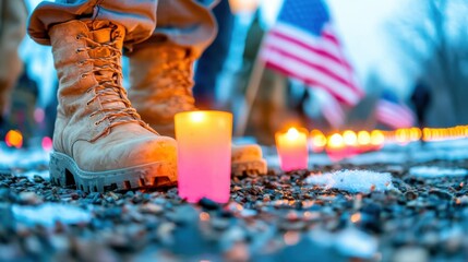 Obraz premium Honor the sacrifice remembering heroes with candles and boots at dusk