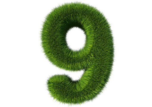 Grass font 3d rendering number 9 isolated on a transparent or white background - Powered by Adobe