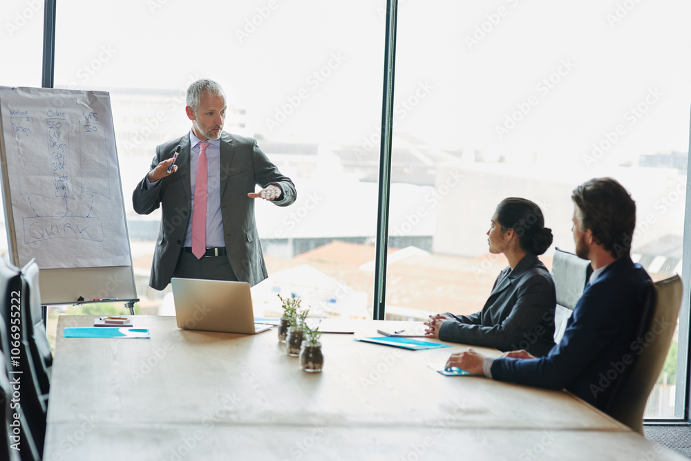 Poster feedback, presentation and mature business man in meeting for ux workshop, planning and marketing fu