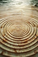 Fototapeta premium A serene close-up of concentric ripples in wooden surface, creating a calming effect with soft lighting reflecting off the water in the background, suggesting tranquility and harmony.