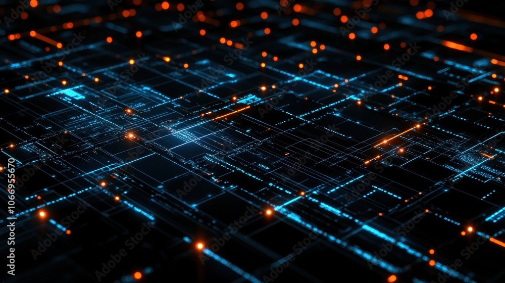 Poster futuristic motherboard circuit with glowing details and big data network processing information