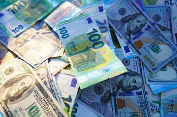 Money background. Dollar and Euro Banknotes. Euro cash payment. USA money and European Union bills. Economic US dollars Euro. Bills for pension and salary. Euro, 100 Dollar background. American money.