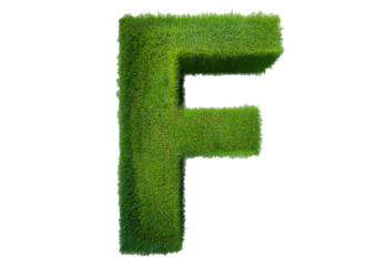 Grass font 3d rendering letter F isolated on a transparent or white background