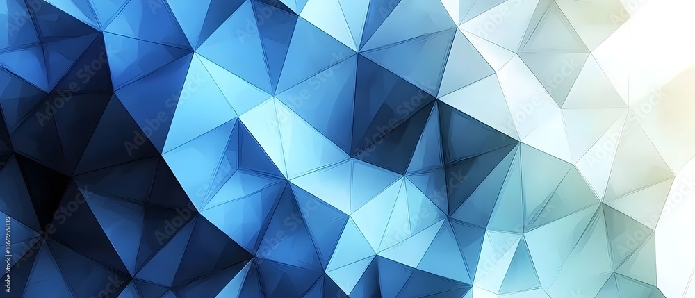 Poster an abstract design featuring a dynamic pattern of blue and turquoise triangles, creating a modern an
