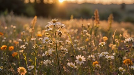 Meadow with wildflowers and tall grasses at golden hour