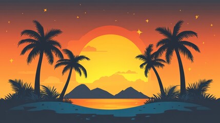 Obraz premium Tropical Sunset with Palm Trees and Silhouetted Mountains