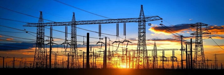 Electrical Power Substation at Sunset Energy Infrastructure and Power Distribution in Silhouette