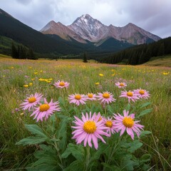 Obraz premium Pink wildflowers in a field with mountains in the background.