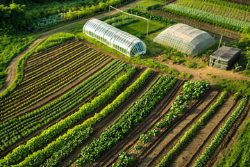 Aerial view of an organic farm layout showcasing rows of vibrant vegetables and greenhouses surrounded by lush greenery