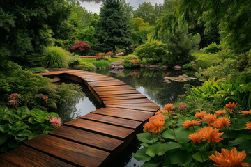 A wooden bridge spans a small pond in a lush green park