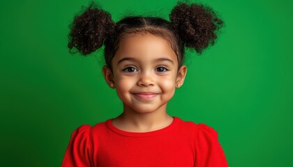 Smiling child with ponytail wearing vibrant red top against bright green background