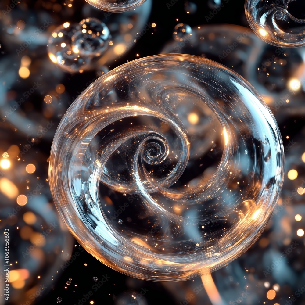 Aufkleber a mesmerizing swirl of transparent bubbles with glowing highlights floating in a dark space amidst t