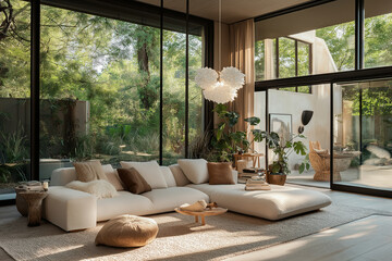 Fototapeta premium A large living room with a white couch and a white rug