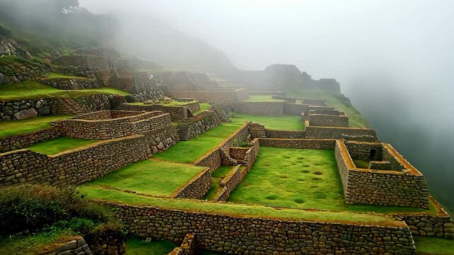 The ancient ruins of Machu Picchu stand tall in the misty Peruvian mountains