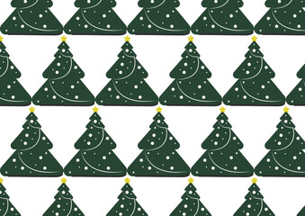 Seamless Christmas Tree Pattern with Stars and Snowflakes on White Background