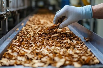 Close-up of a gloved hand inspecting dried tobacco leaves on a conveyor belt in a processing facility, highlighting quality control.