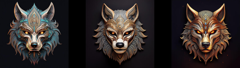 Naklejka premium Three intricately detailed wolf masks, isolated on a black background.