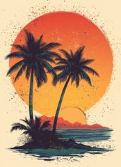 Two Palm Trees Silhouetted Against a Grunge Sunset Over Water