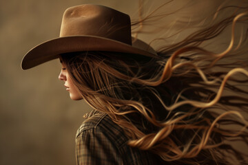 Close-up profile portrait of a young woman with long brown hair wearing a cowboy hat and western shirt - isolated, neutral studio background
