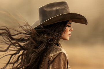 Close-up profile portrait of a young woman with long brown hair wearing a cowboy hat and western shirt - isolated, neutral studio background