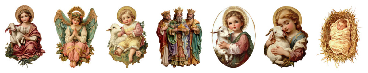 Vintage painting of Nativity of Jesus Christ png cut out element set