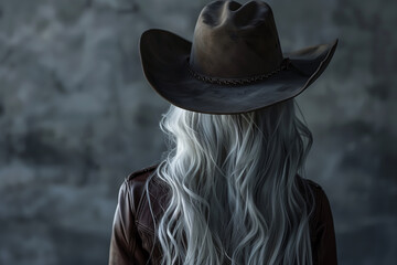 Close-up portrait of the back of a young woman with long gray hair wearing a cowboy hat and western shirt - isolated, neutral studio background