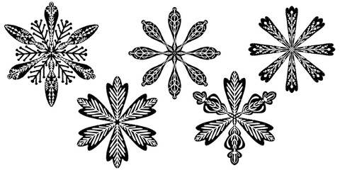 Obraz premium Set Openwork snowflakes in linocut style, lace folk motifs Scandinavian style, vector isolated element 