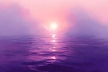A serene sunset over calm waters, blending shades of purple and pink. The sun descends into the horizon, creating a tranquil and dreamy atmosphere.