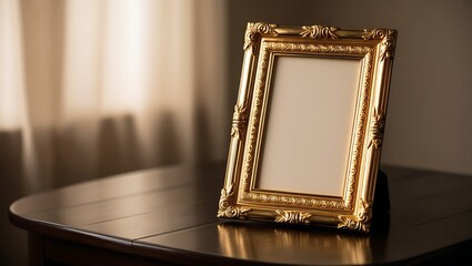 A gold picture frame with a white mat, sits on a wooden table with a light background.
