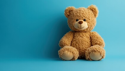 Soft brown teddy bear sitting on a vibrant blue background indoors