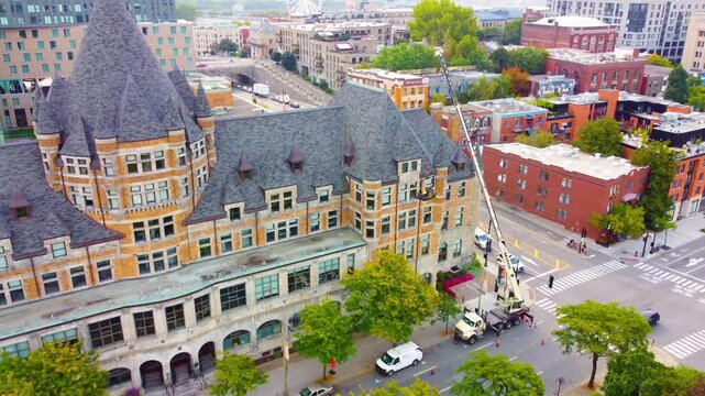 Maintenance work on the crane at Place Gare Viger in Montreal, Canada