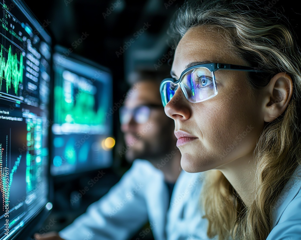 Poster focused image of a woman and man tech engineer deeply engaged in data analysis on a computer screen,