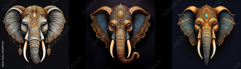 Poster three elephant mask illustrations, each with a unique design and color scheme, are isolated on a bla