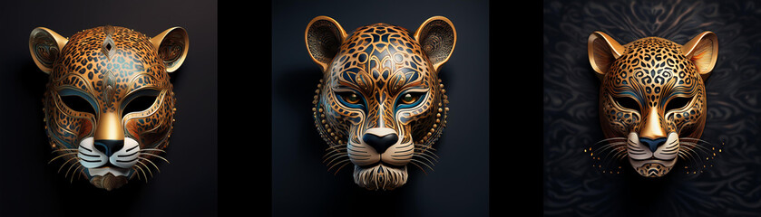 Three isolated, intricately detailed, golden jaguar masks against a black background.