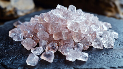 Raw amethyst, rose quartz and quartzite, on gray slate background. Ai generated